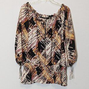 WOMEN'S "Essentials" Brown Chiffon, 3/4 Sleeve, Ruffle Neck Tunic; Size XL